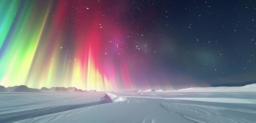 The Northern Lights over a snowy Arctic landscape, with the vibrant colors of the aurora contrasting against the stark white of the snow. The scene is untouched and pristine. 32k, full ultra hd, high 
