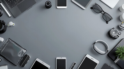 Many different modern gadgets on grey table indoors. Space for text. Generative AI illustration 