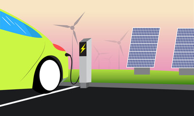 Electric car charging on parking . Illustration of clean electric energy from renewable sources sun and wind. Power plant station buildings with solar panels and wind turbines onin the field. Sunset.