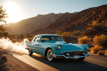 A classic car driving at high speed on asphalt road at sunset, Generative AI