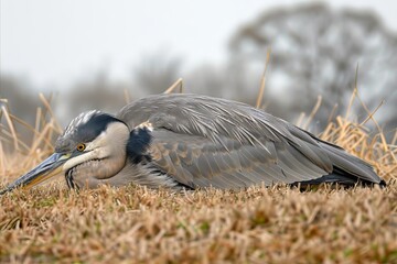 Fototapeta premium Heron Sleep on The Ground