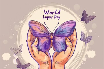 Two hands holding a purple butterfly representing the World Lupus Day..