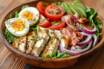 Nutritious Cobb salad with grilled chicken bacon tomatoes onions and eggs