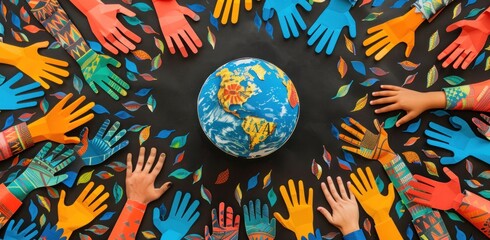 World Day of Peace and International Diversity or Earth Day and international world culture as a concept of diversity and crowd cooperation symbol diverse hands holding together the planet Earth.