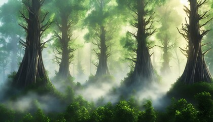 Trees in the fog. The smoke in the forest in the morning. A misty morning among the trees. 3D...