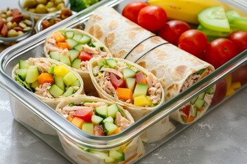 Nutritious lunch box with tuna wraps fruits and veggies