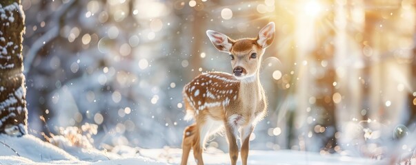 small deer against a snowy forest backdrop and falling snowflakes. copy space for text.