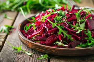 Nutritious salad with beetroots potatoes and rocket leaves