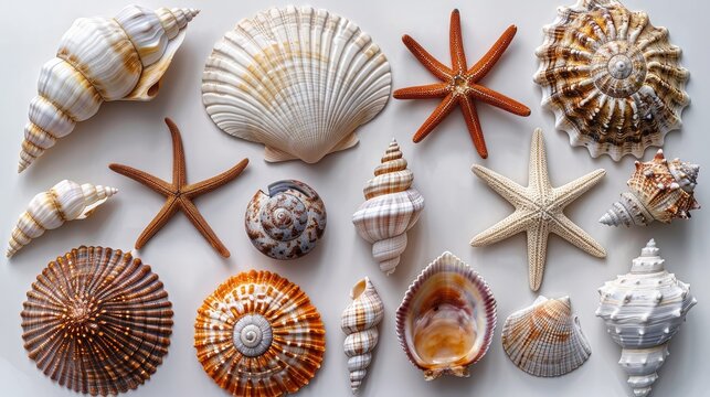 beach finds small seashells fossil coral and sand dollars puka shells a sea urchin and a white starfish sea star ocean summer and vacation design elements isolated stock photo