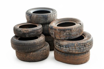 Piled old tires on white background