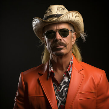 a glamourous portrait of a flamboyant man with a mustache, gold chains, and Gotti jewelry wearing a cowboy hat at and sport coat