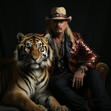 a glamourous portrait tiger and of a flamboyant man with a mustache, gold chains, and Gotti jewelry wearing a cowboy hat at and sport coat