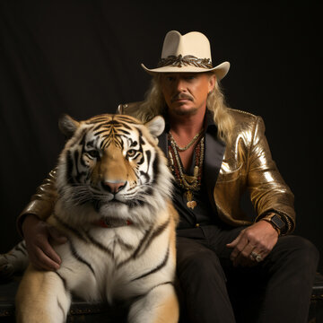 a glamourous portrait tiger of a flamboyant man with a mustache, gold chains, and Gotti jewelry wearing a cowboy hat at and sport coat