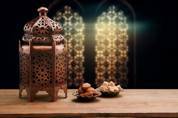 Holy month Ramadan with lantern on desk