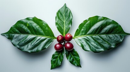Top view of a coffee plant with green leaves and red berries on a white background. illustration - obrazy, fototapety, plakaty
