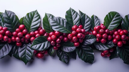 Top view of a coffee plant with green leaves and red berries on a white background.illustration image