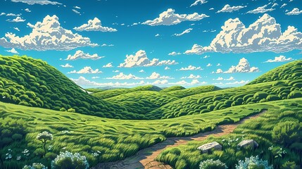 Landscape of green grassy mounds and creek abstract illustration poster background
