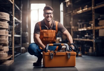 'repairman smiling cable toolbox van plumber service work man handyman electrician repair photogenic men smile car maintenance vehicle technician' - obrazy, fototapety, plakaty