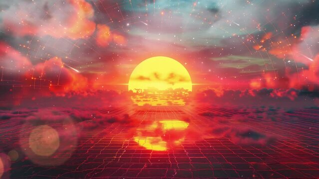 neon retro background. retro background futuristic landscape 1980s style. seamless looping overlay 4k virtual video animation background