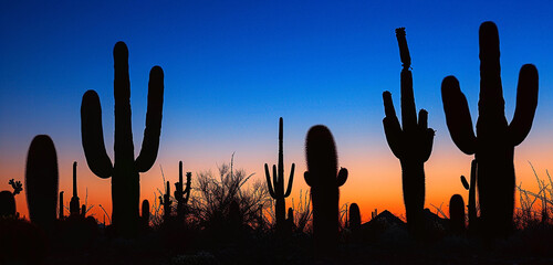 The rugged beauty of a desert landscape at twilight, with towering cacti silhouettes against a sky transitioning from deep blue to vibrant orange. 32k, full ultra hd, high resolution