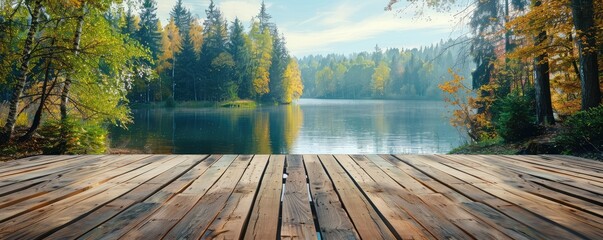 A calming waterfront view, inviting one to relax on a wooden dock leading to a serene lake surrounded by lush green forests. copy space for text.