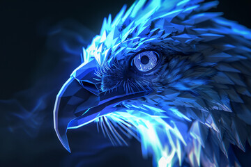 A blue and white eagle with a glowing eye