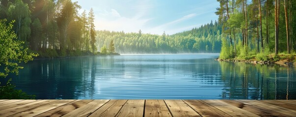 A calming waterfront view, inviting one to relax on a wooden dock leading to a serene lake surrounded by lush green forests. copy space for text.