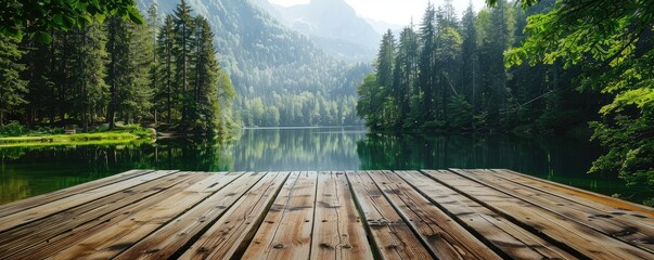 A calming waterfront view, inviting one to relax on a wooden dock leading to a serene lake surrounded by lush green forests. copy space for text.