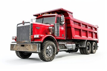 Red dump truck casting a shadow white background