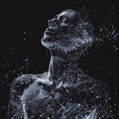 A man's face is shown in a black background with a lot of stars and lines - obrazy, fototapety, plakaty