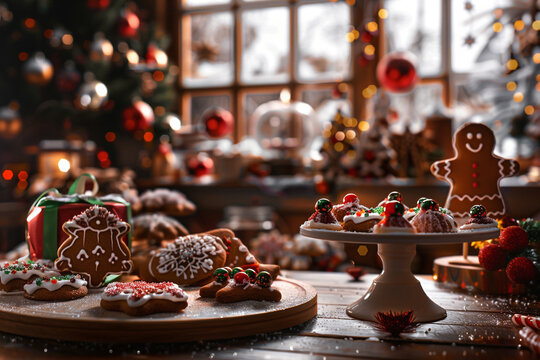 Cozy Christmas bakery scene with gingerbread cookies, decorated with icing and candy, holiday decorations in the background