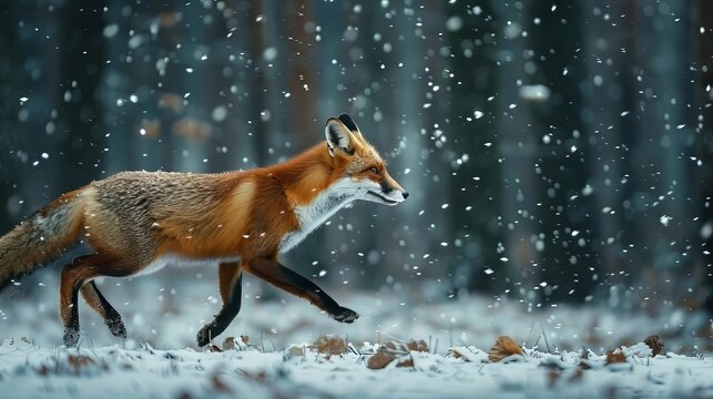 Fox Running on Winter Snow