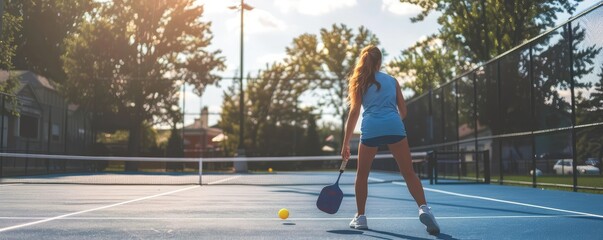 An active woman swinging a pickleball paddle at the ball on a bright, sunny court, exemplifying health and fitness.