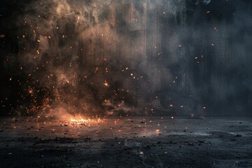 Room with concrete floor smoke fire sparks and dark walls background