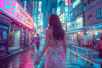 A woman walks down a neon lit street in a city - obrazy, fototapety, plakaty