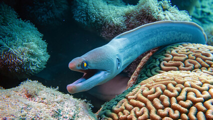 Electric Eel between corals under water.