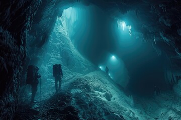 A group of spelunkers exploring a vast cave system, their headlamps illuminating the darkness - obrazy, fototapety, plakaty