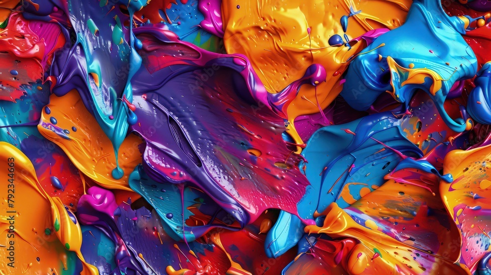 Poster from the depths of the imagination emerges a stunning display of color and form, as thick paint spla