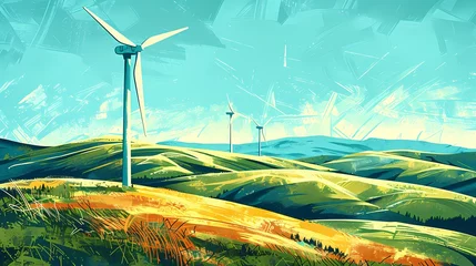 Fototapeten rural wind turbine farm in green rolling hills illustration poster background © jinzhen