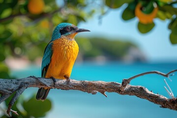 A tropical bird perched on a tree branch overlooking the beach, a burst of color