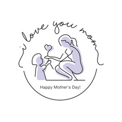 I love you mom Happy Mothers Day handwritten calligraphy lettering pastel purple line design stamp badge draw of giving heart and love to mom on white background