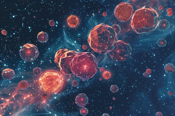 A galaxy of red and blue spheres with a blue background - obrazy, fototapety, plakaty