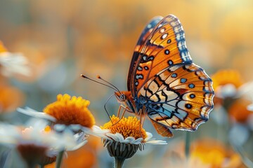 Close-up of a butterfly landing delicately on a wildflower, a moment of interaction in the cycle of life - obrazy, fototapety, plakaty