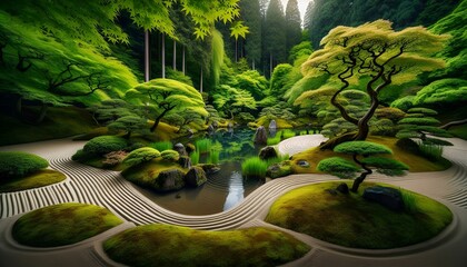 Lush green foliage bathed in morning sun transforms into a magical world of glowing plants and waterfalls under a tropical night sky - Powered by Adobe