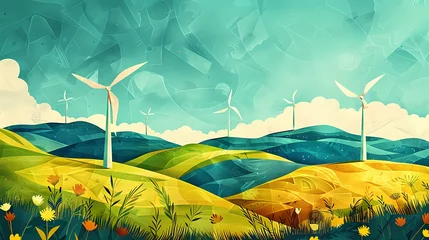 Fotobehang rural wind turbine farm in green rolling hills illustration poster background © jinzhen
