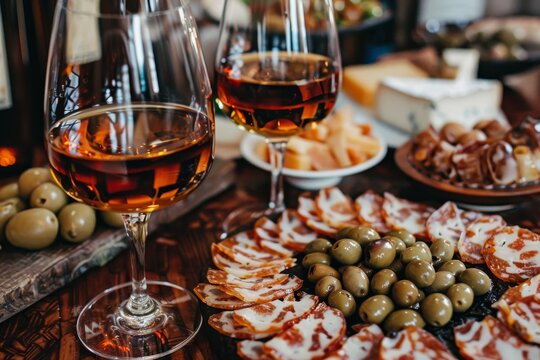 Sampling Andalusian sherry wines with Spanish tapas olives and cheeses