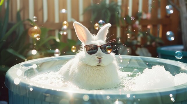 Sunglasses-Clad Bunny Enjoys Bubbly Jacuzzi Bath Amidst Glistening Sunbeams, a Whimsical Take on Relaxation and Summer Vibes