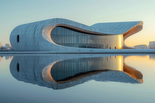 The graceful arcs of a citys modern art museum, architecture as art against the urban landscape