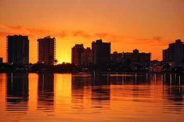 Sarasota skyline at sunrise with orange sky - obrazy, fototapety, plakaty