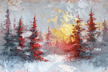 A painting of a forest with red trees and a sun in the background